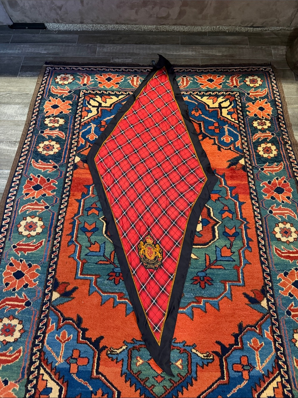Vintage 100% Silk Lauren Ralph Lauren Tartan Plaid Diamond Scarf with Crest